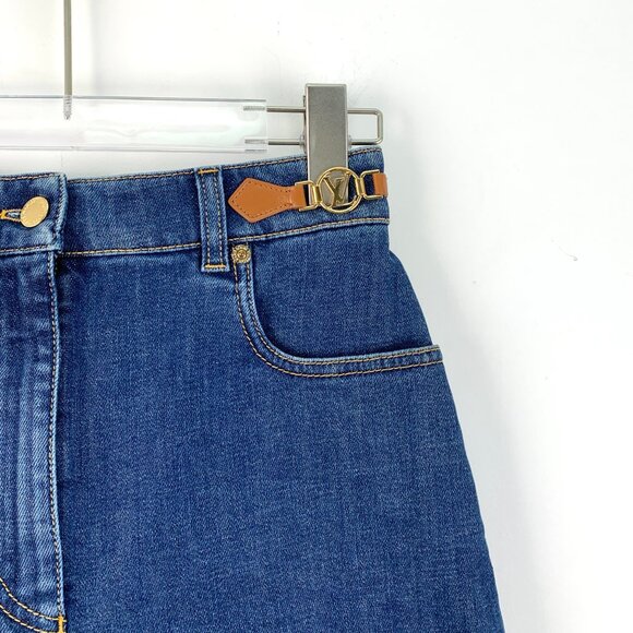 IW0253 Louis Vuitton Dark Blue Logo Leather Buckle Cotton Casual Denim Shorts Si - Picture 3 of 9